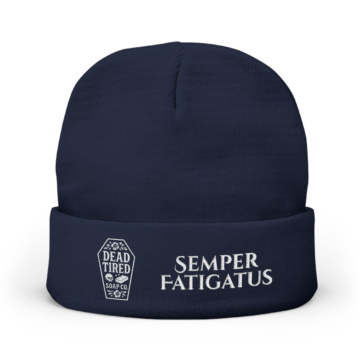 Navy embroidered knit beanie with 'Semper Fatigatus' lettering and Dead Tried logo