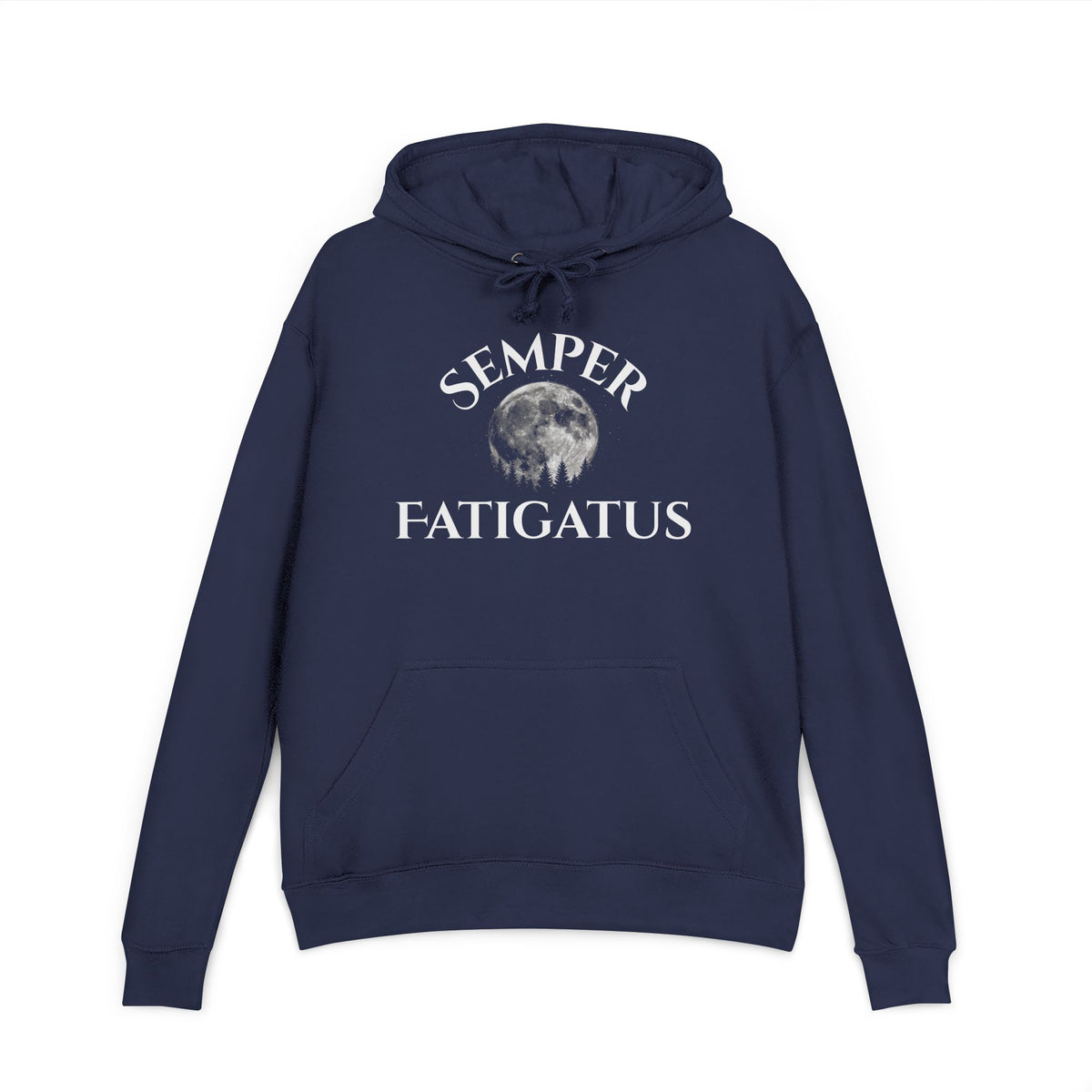 Navy pullover hoodie with drawstring and front 'Semper Fatigatus' moon graphic