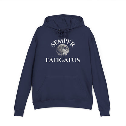 Navy pullover hoodie with drawstring and front 'Semper Fatigatus' moon graphic