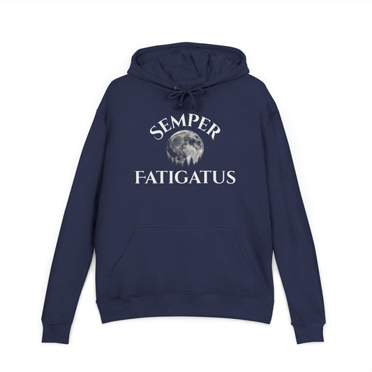 Navy pullover hoodie with drawstring and front 'Semper Fatigatus' moon graphic