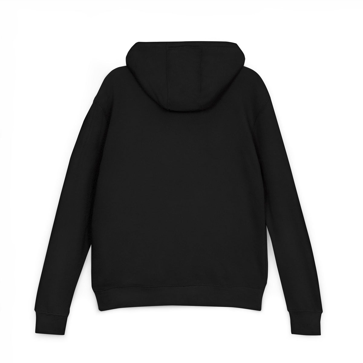 Black pullover hoodie, plain back with hood and long sleeves