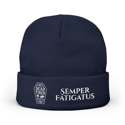 Navy embroidered knit beanie with 'Semper Fatigatus' lettering and Dead Tried logo