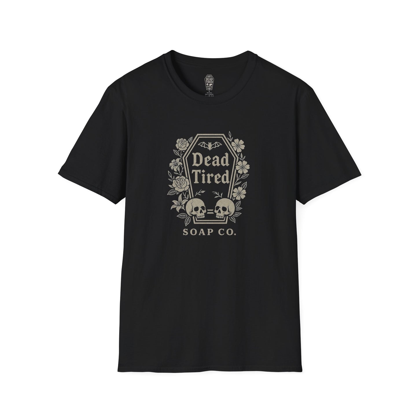 Dead Tired Coffin Logo Tee — Gothic Skull Floral T-Shirt