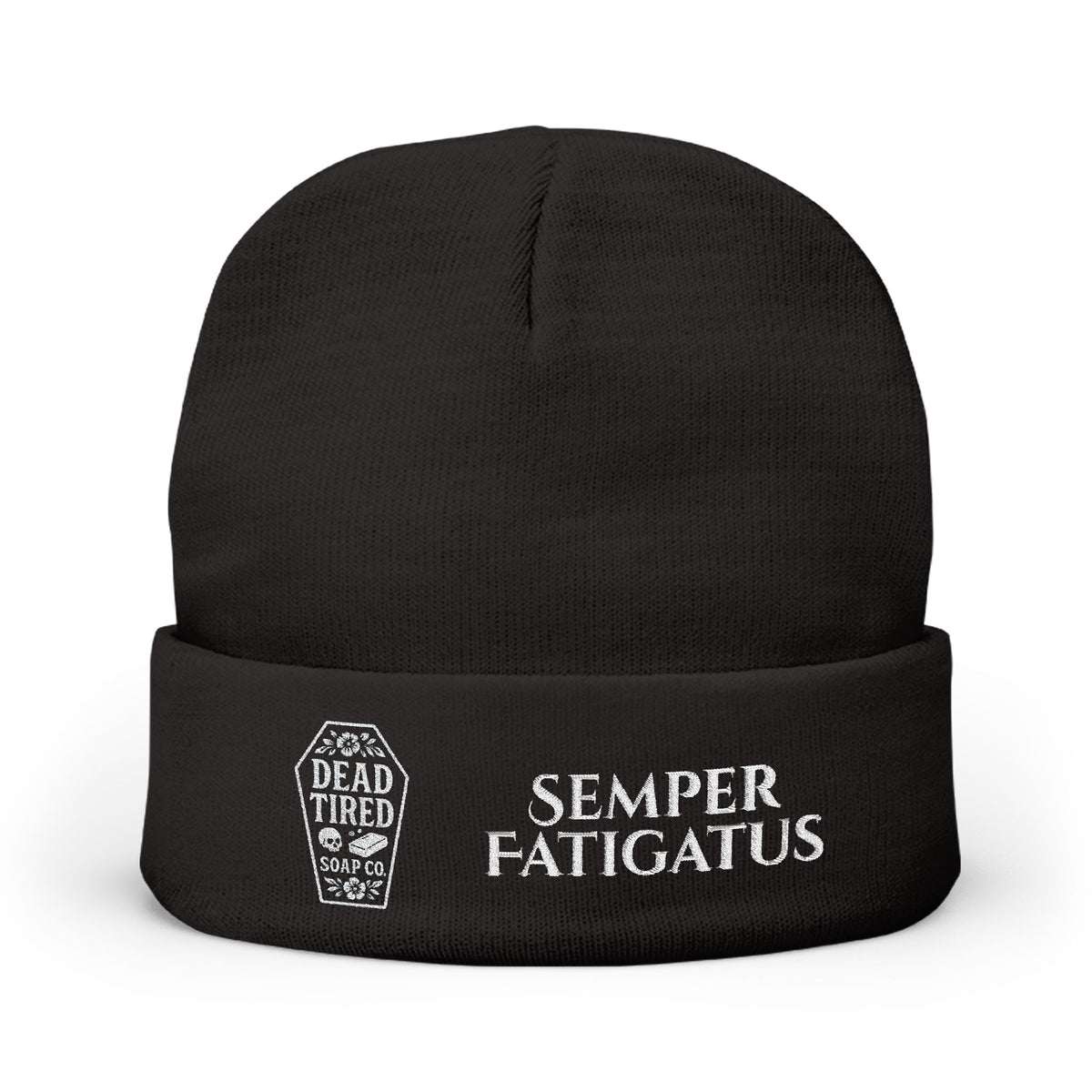 Black embroidered knit beanie with 'Semper Fatigatus' lettering and Dead Tried logo