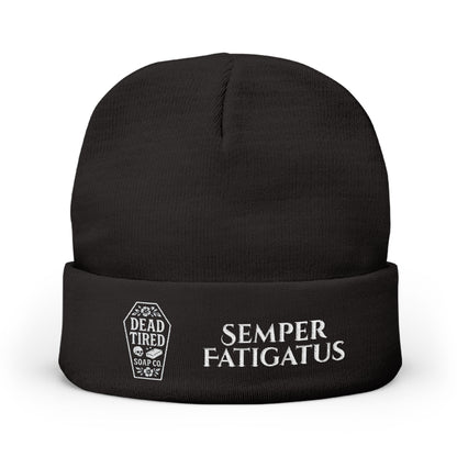Black embroidered knit beanie with 'Semper Fatigatus' lettering and Dead Tried logo