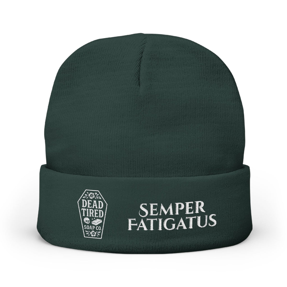 Green embroidered knit beanie with 'Semper Fatigatus' lettering and Dead Tried logo