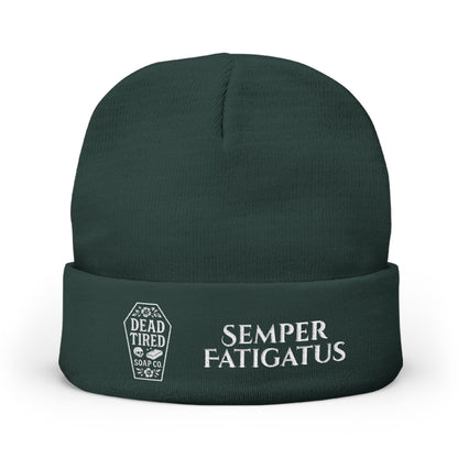 Green embroidered knit beanie with 'Semper Fatigatus' lettering and Dead Tried logo