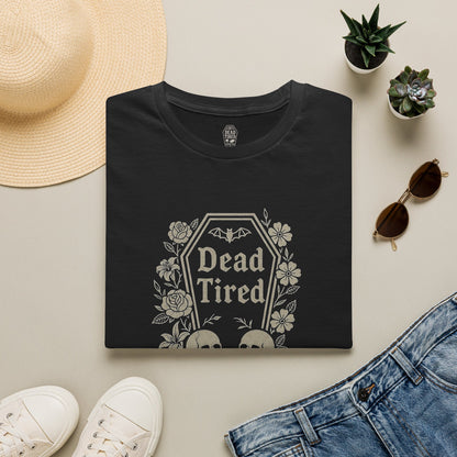 Dead Tired Coffin Logo Tee — Gothic Skull Floral T-Shirt