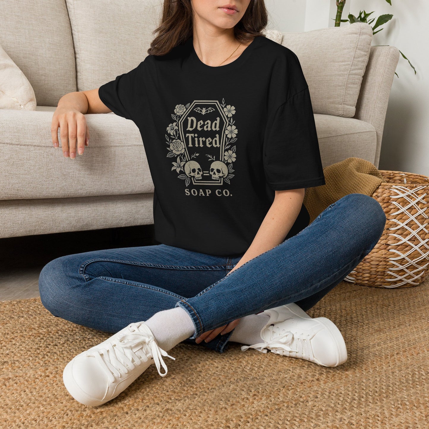 Dead Tired Coffin Logo Tee — Gothic Skull Floral T-Shirt