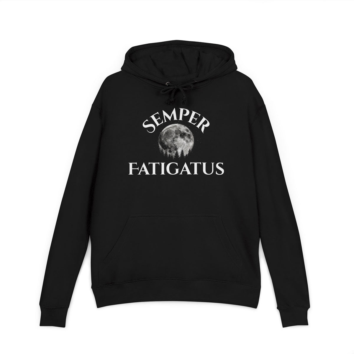 Black pullover hoodie with front drawstring and 'Semper Fatigatus' moon graphic
