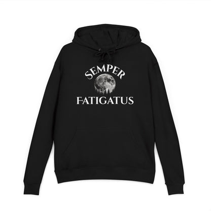 Black pullover hoodie with front drawstring and 'Semper Fatigatus' moon graphic