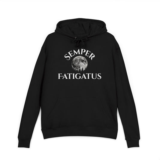 Black pullover hoodie with front drawstring and 'Semper Fatigatus' moon graphic